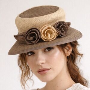 Vintage Lord & Taylor Straw Hat Brown Tan Rosette Floral Natural Fiber Pillbox